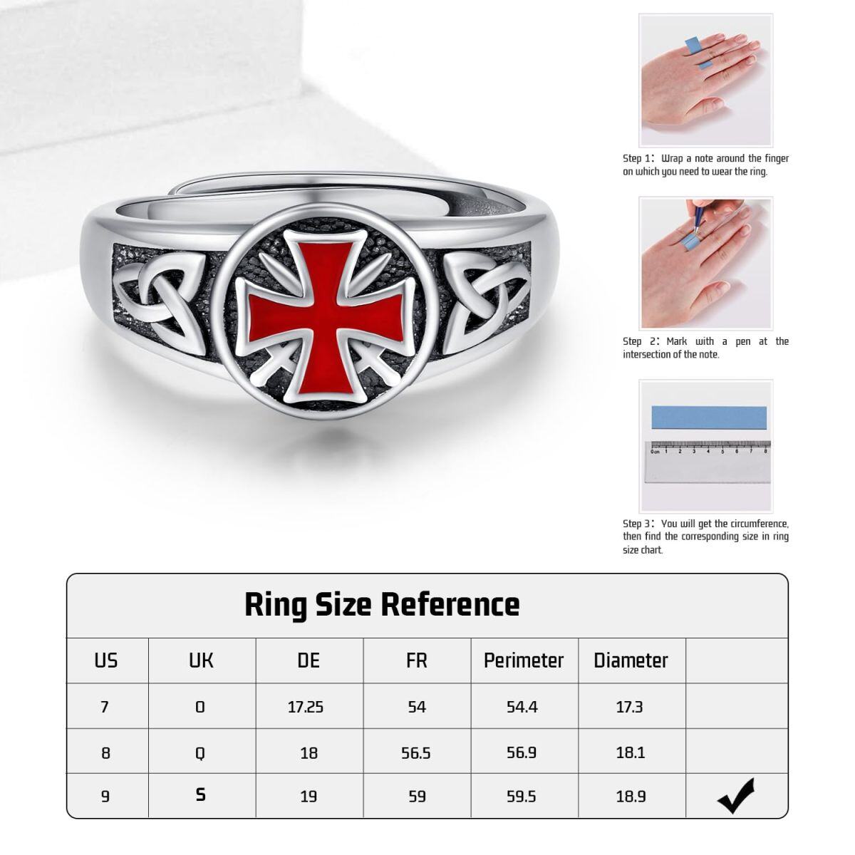 Sterling Silver Celtic Knot & Cross & Knights Templar Open Ring for Men-6