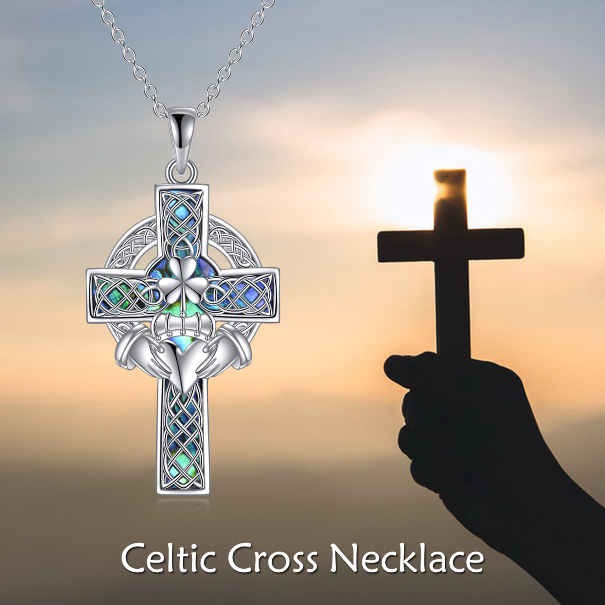 Sterling Silber Celtic Knot & Cross Love von Kelly Hände halten Krone Anhänger Halskette-3