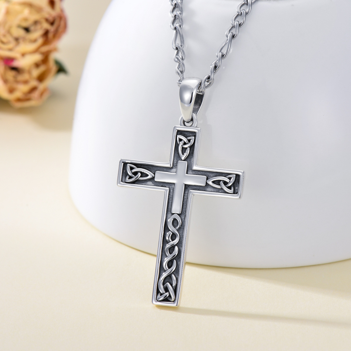 Sterling Silver Celtic Knot & Cross Pendant Necklace for Men-3