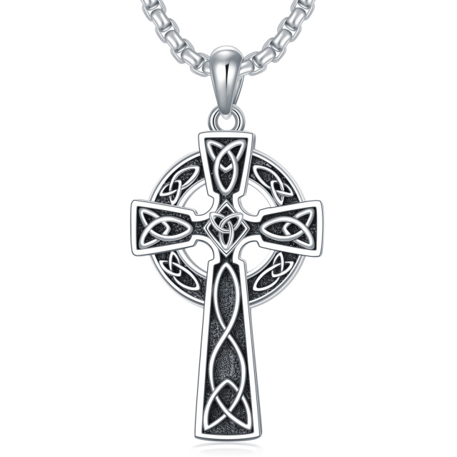 Collana da uomo con ciondolo croce con nodo celtico in argento sterling-1