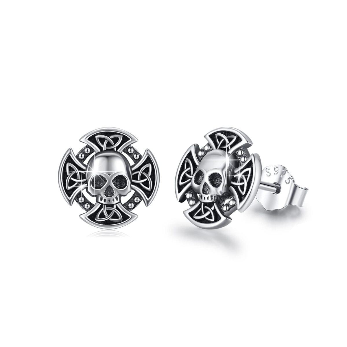 Sterling Silber Keltischer Knoten & Kreuz & Totenkopf Ohrstecker-1