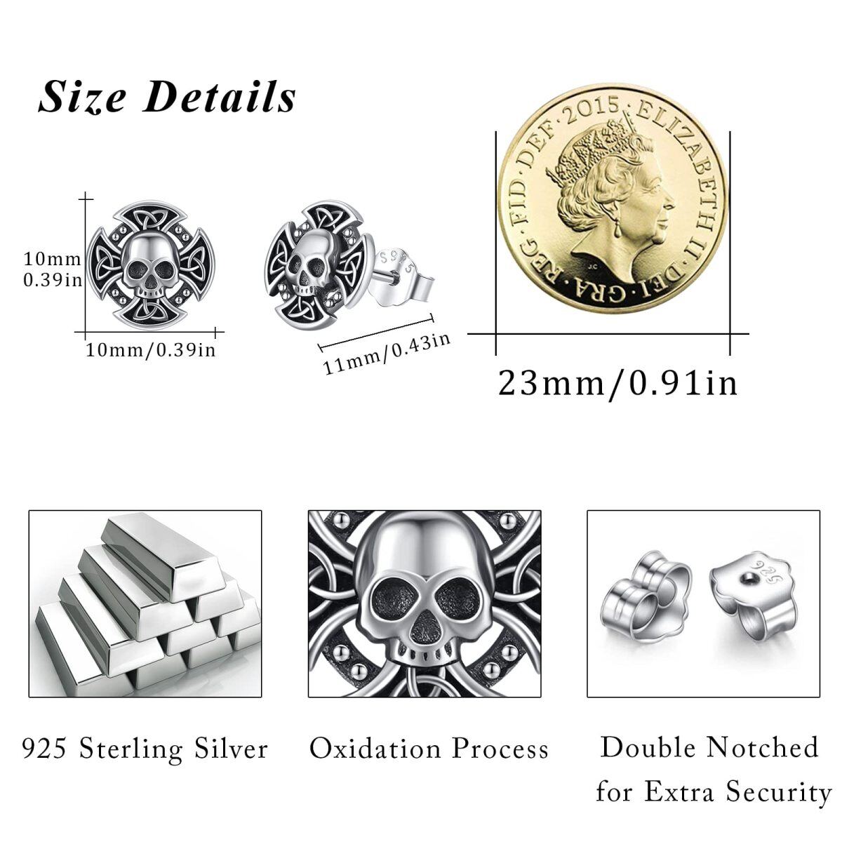 Sterling Silber Keltischer Knoten & Kreuz & Totenkopf Ohrstecker-5