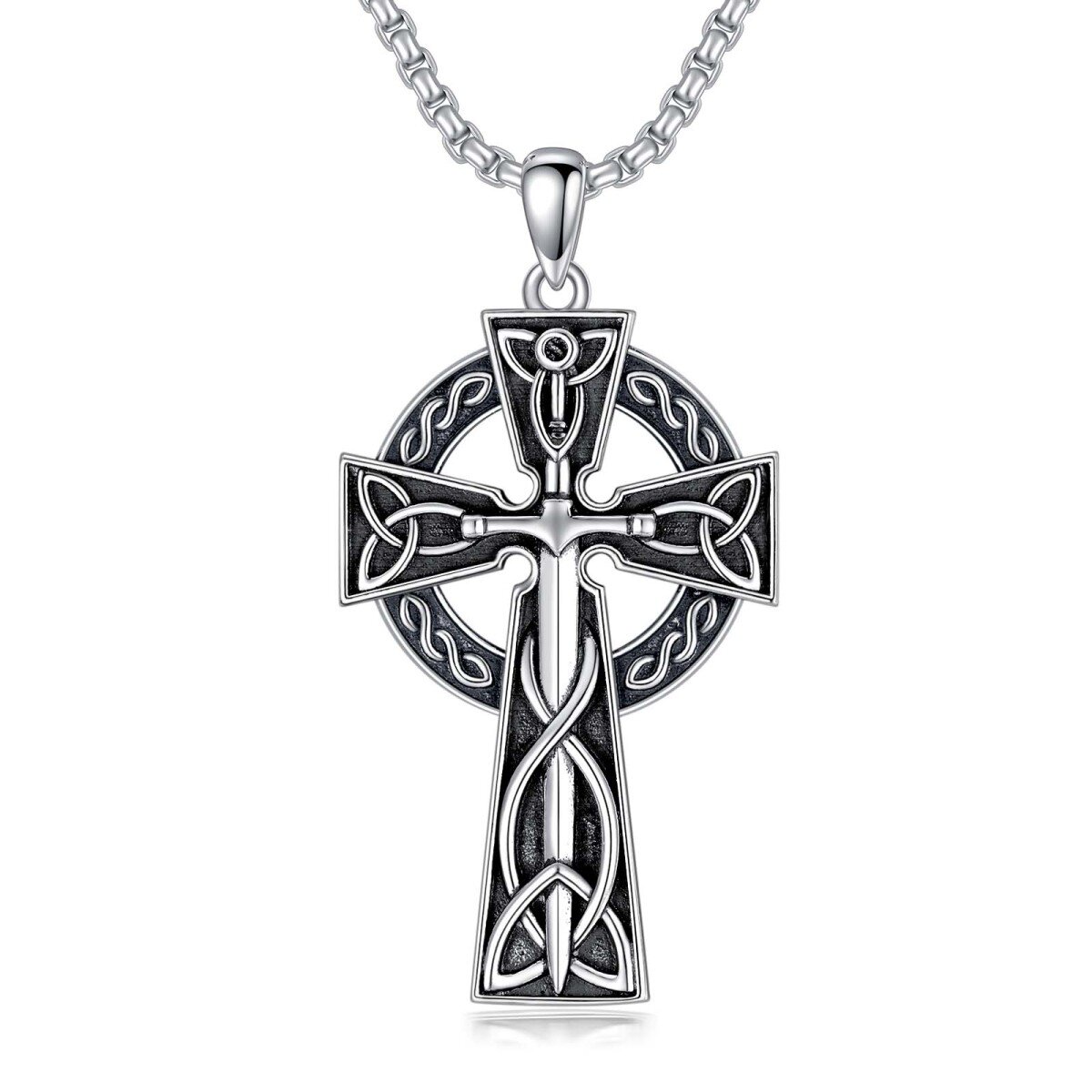 Sterling Silver Celtic Knot With Sword Cross Pendant Necklace For Men-1