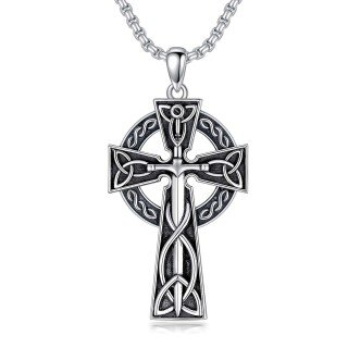 Sterling Silver Celtic Knot With Sword Cross Pendant Necklace For Men-1