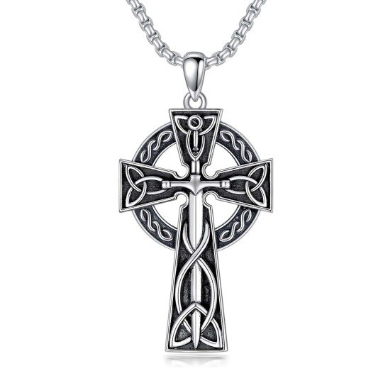 Sterling Silver Celtic Knot With Sword Cross Pendant Necklace For Men