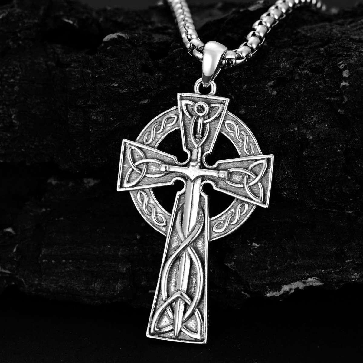 Sterling Silver Celtic Knot With Sword Cross Pendant Necklace For Men-3