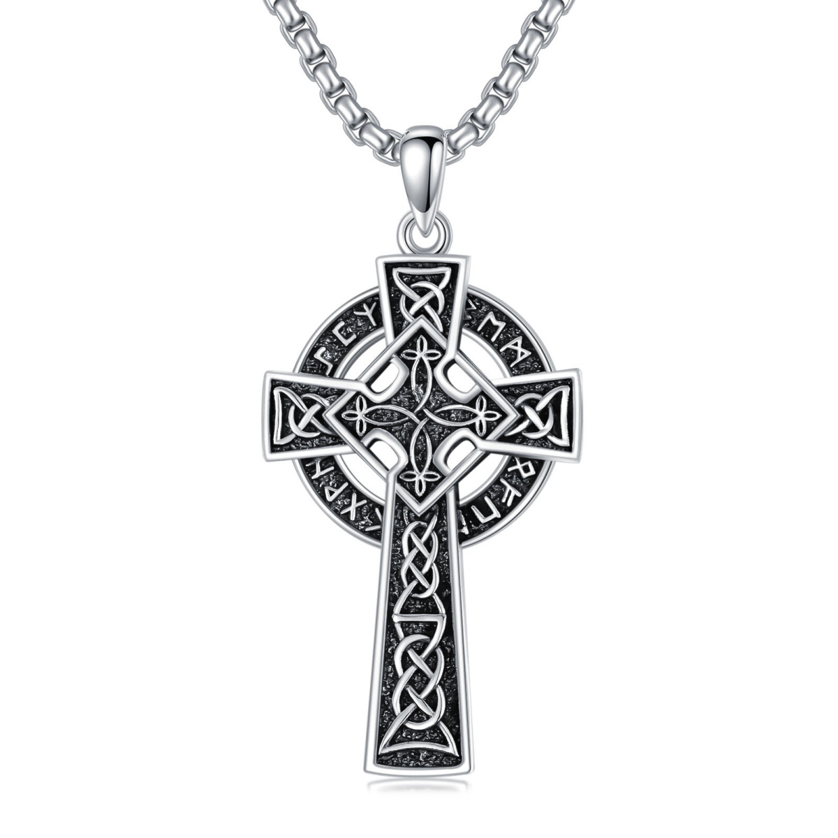 Sterling Silver Celtic Knot With Cross With Viking Rune Pendant Necklace For Men-1