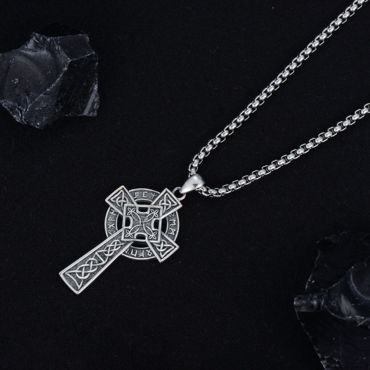 Sterling Silver Celtic Knot With Cross With Viking Rune Pendant Necklace For Men-3