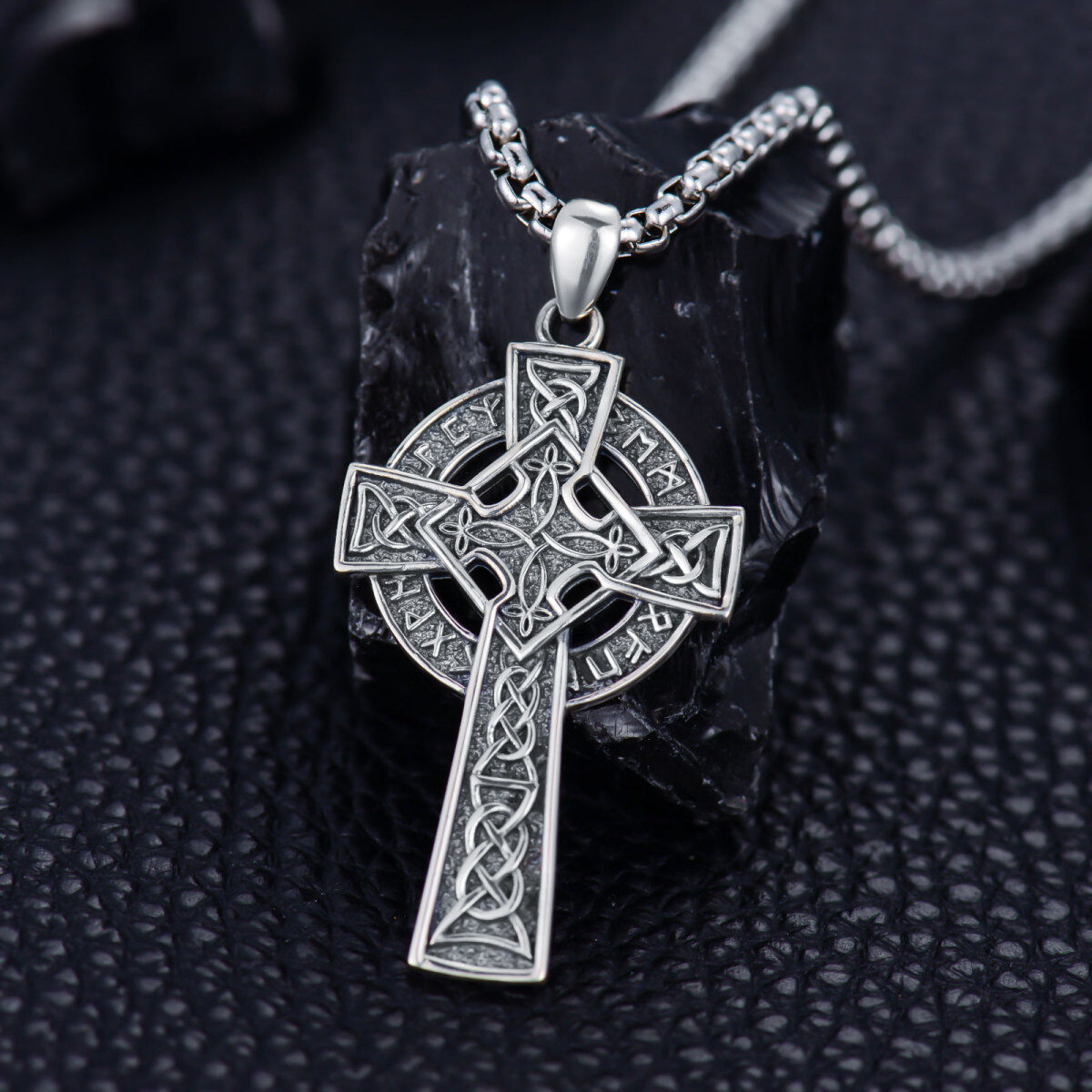 Sterling Silver Celtic Knot With Cross With Viking Rune Pendant Necklace For Men-4