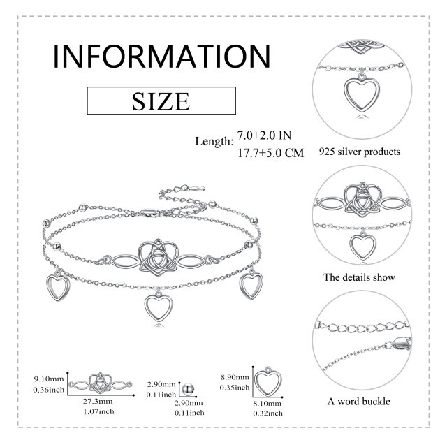 Tornozeleira de prata esterlina com nó celta e coração em várias camadas-5