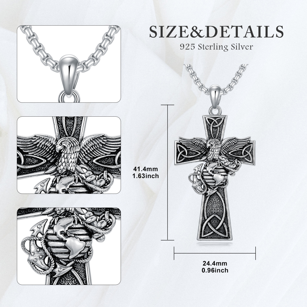 Sterling Silver Celtic Knot Marine Corps Cross Pendant Necklace for Men-5