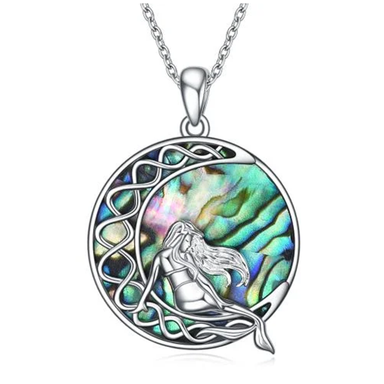 Collier avec pendentif en forme de lune et de sirène en argent sterling avec nœud celtique