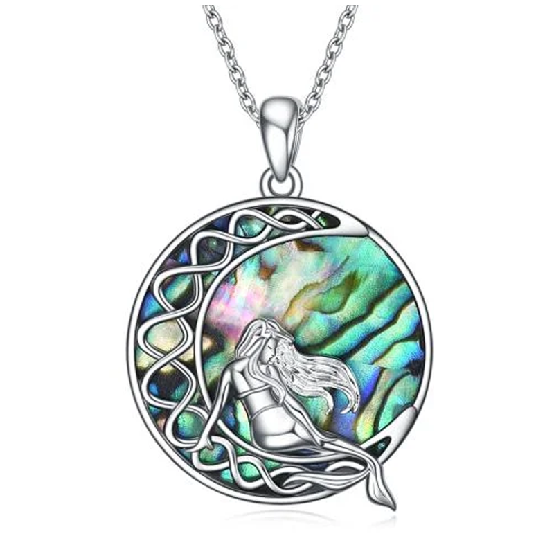 Sterling Silver Abalone Shellfish Celtic Knot Moon With Mermaid Pendant Necklace For Women-14