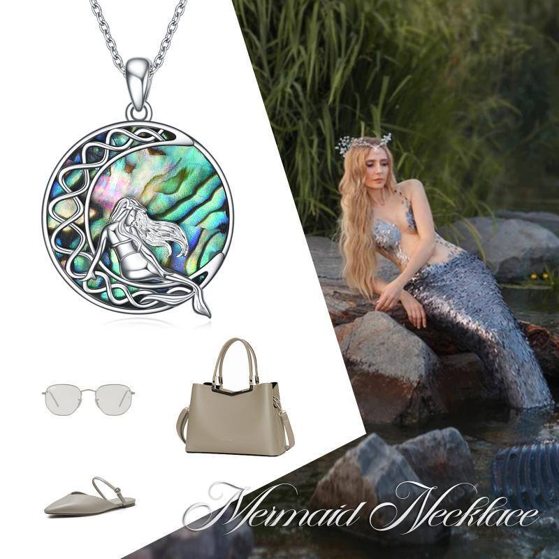 Sterling Silver Abalone Shellfish Celtic Knot Moon With Mermaid Pendant Necklace For Women-6