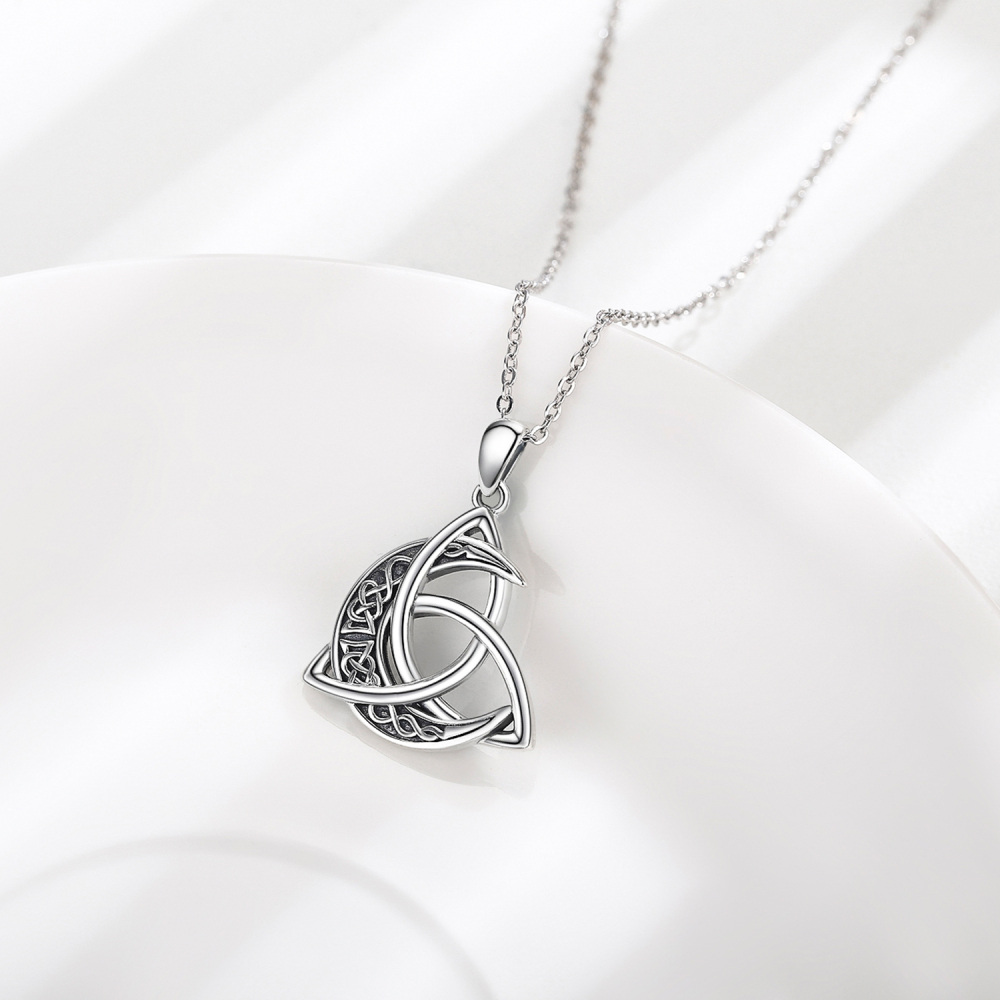 Sterling Silver Celtic Knot Moon & Crescent Irish Pendant Necklace-5