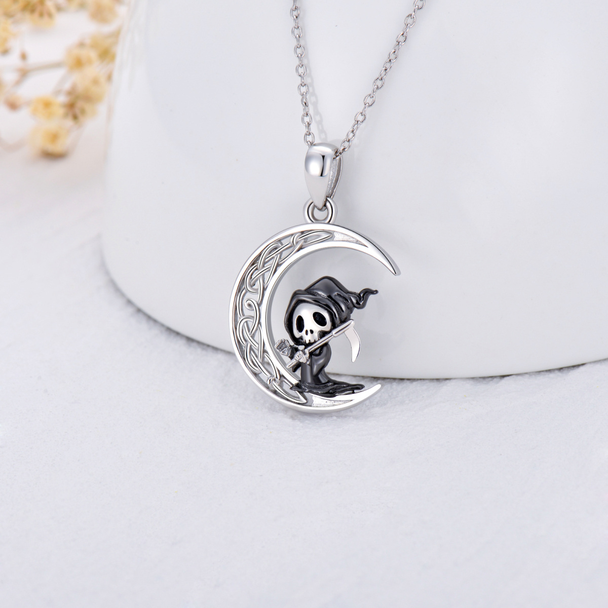 Sterling Silver Celtic Knot Moon & Ghost Pendant Necklace-3