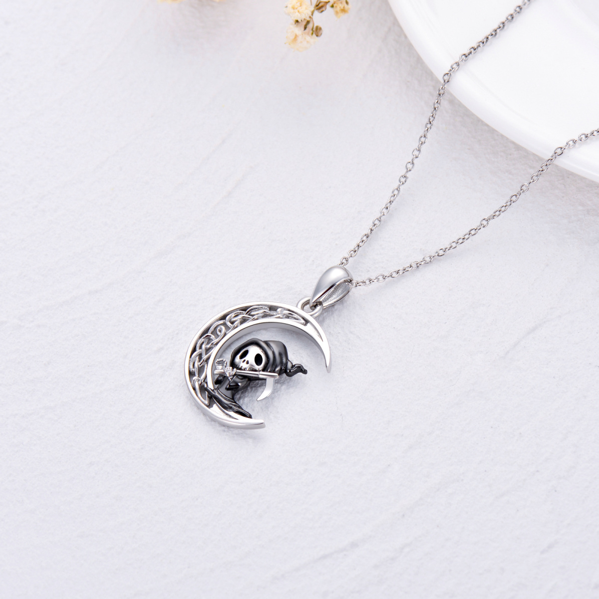 Sterling Silver Celtic Knot Moon & Ghost Pendant Necklace-4