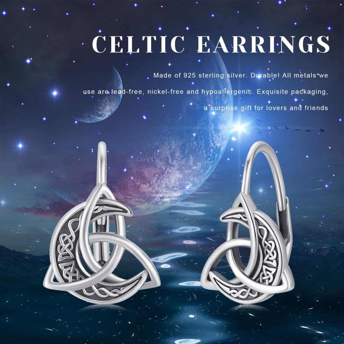 Boucles d'oreilles dormeuses en argent sterling avec nœud celtique et lune-6