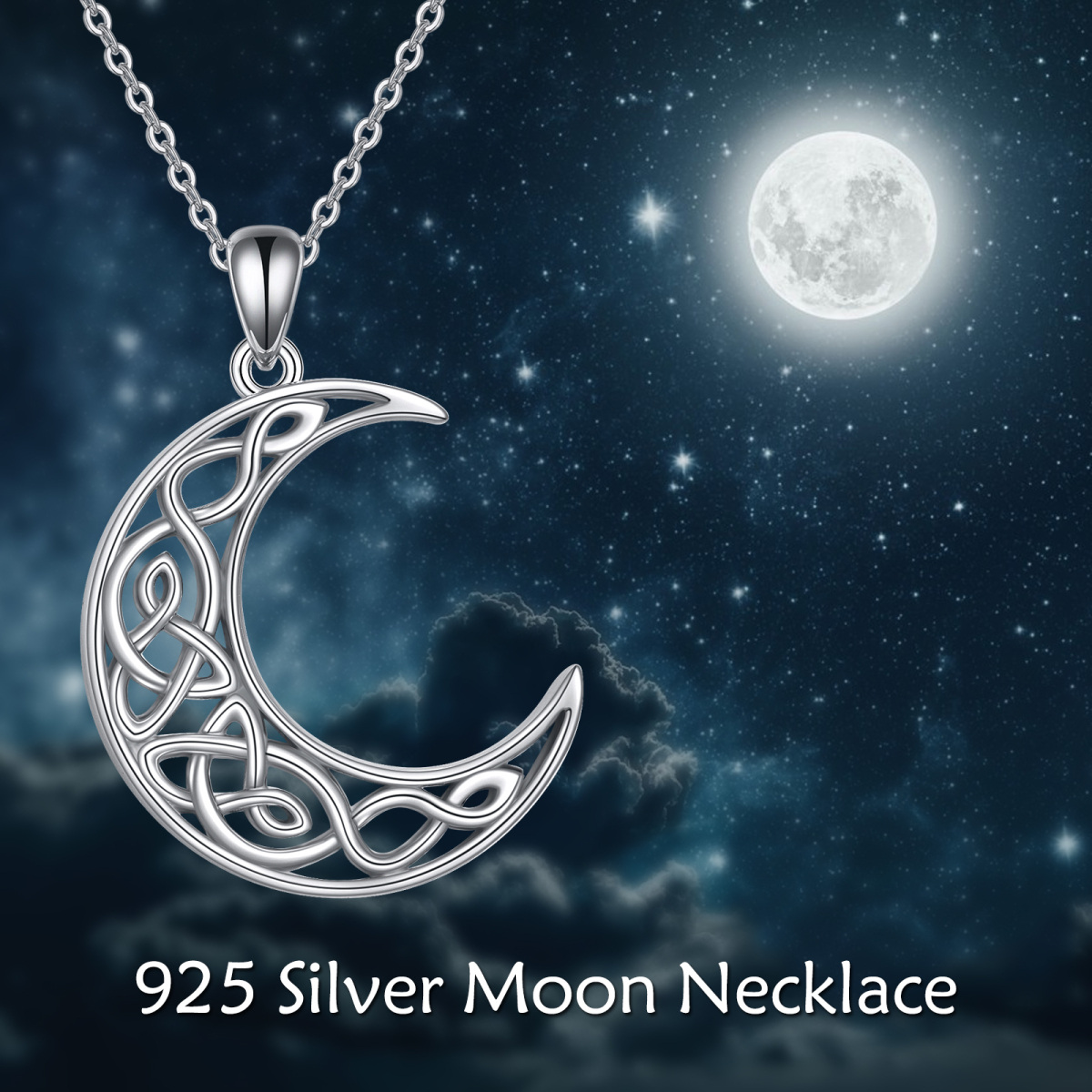 Sterling Silver Celtic Knot & Moon Pendant Necklace-3