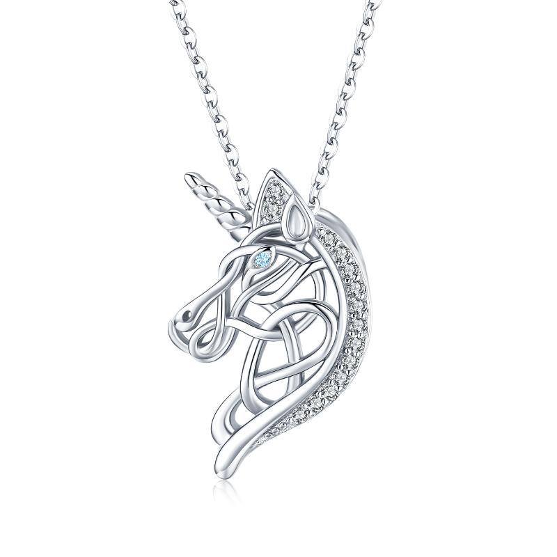 Sterling Silber Cubic Zirkonia Keltischer Knoten & Einhorn Anhänger Halskette-1