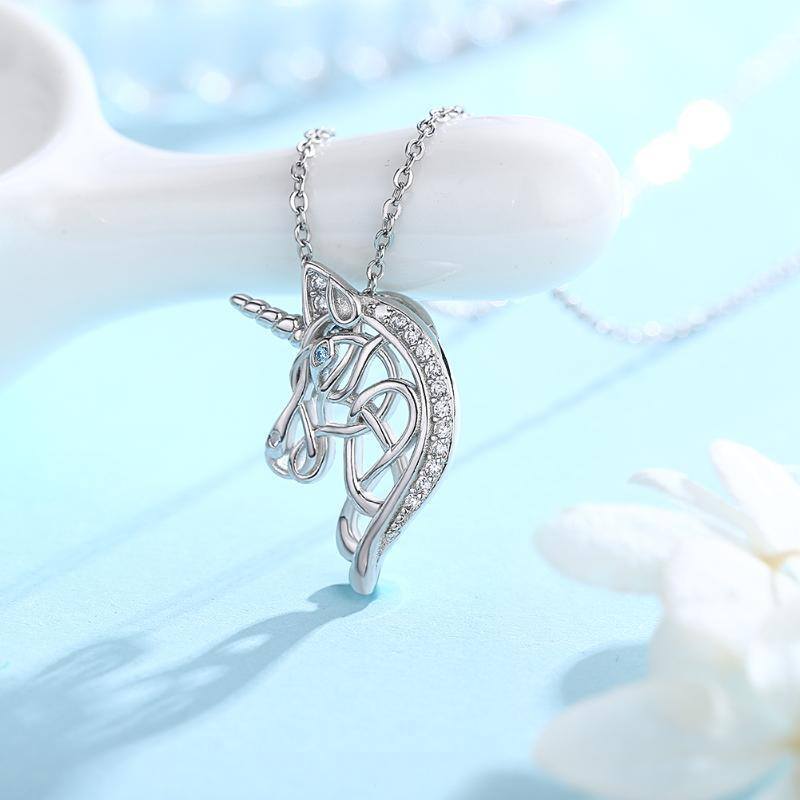 Sterling Silber Cubic Zirkonia Keltischer Knoten & Einhorn Anhänger Halskette-3