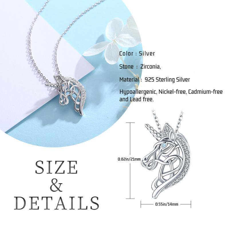 Sterling Silber Cubic Zirkonia Keltischer Knoten & Einhorn Anhänger Halskette-5