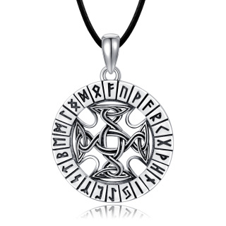 Sterling Silver Celtic Knot & Viking Rune Pendant Necklace with Black Rope Chain for Men-3