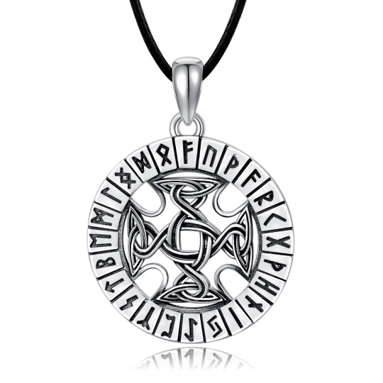 Sterling Silver Celtic Knot & Viking Rune Pendant Necklace with Black Rope Chain for Men