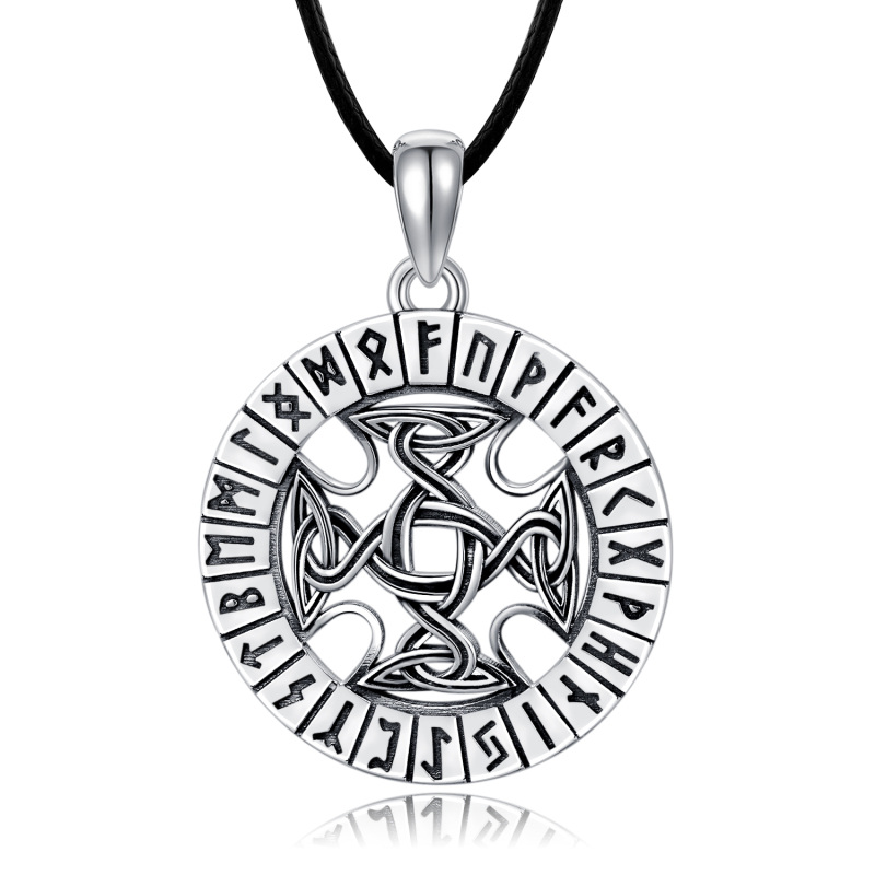 Sterling Silver Celtic Knot & Viking Rune Pendant Necklace with Black Rope Chain for Men-13