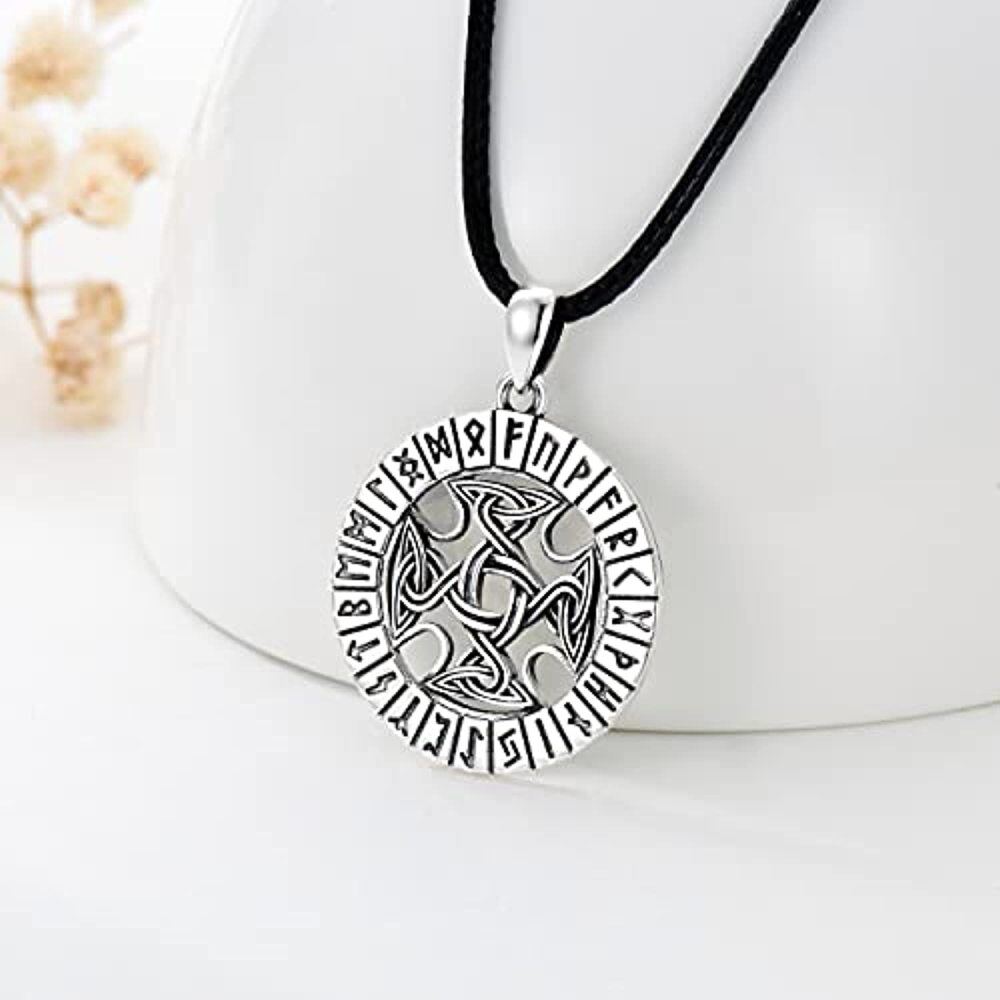 Sterling Silver Celtic Knot & Viking Rune Pendant Necklace with Black Rope Chain for Men-4