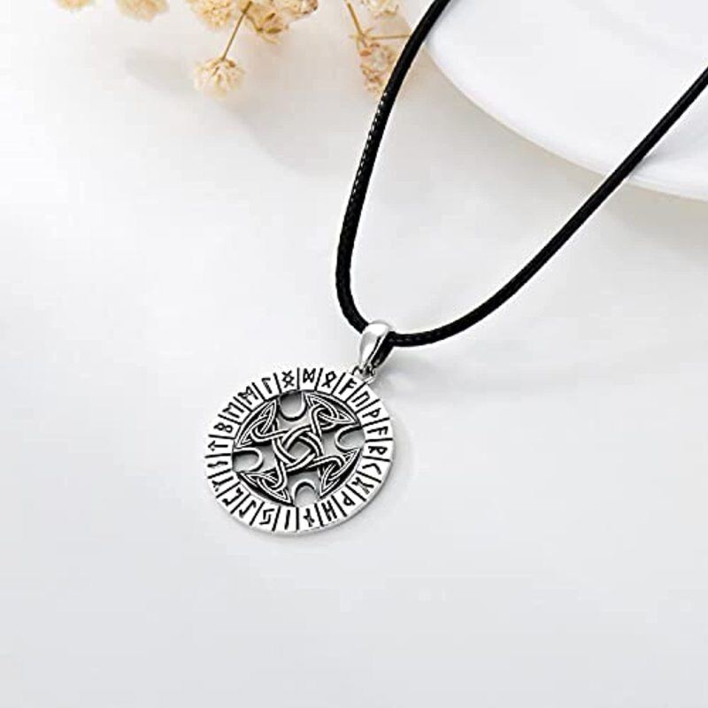 Sterling Silver Celtic Knot & Viking Rune Pendant Necklace with Black Rope Chain for Men-5