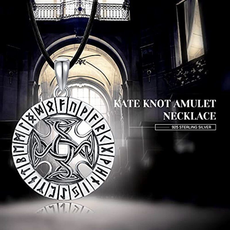 Sterling Silver Celtic Knot & Viking Rune Pendant Necklace with Black Rope Chain for Men-6