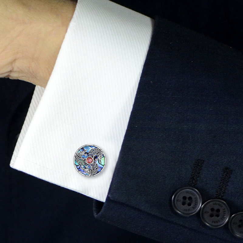 Sterling Silver Round Abalone Celtic Knot Wolf With Tuxedo For Men-2