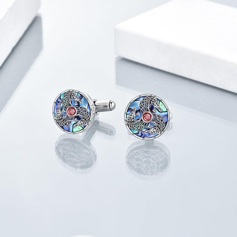 Sterling Silver Round Abalone Celtic Knot Wolf With Tuxedo For Men-4