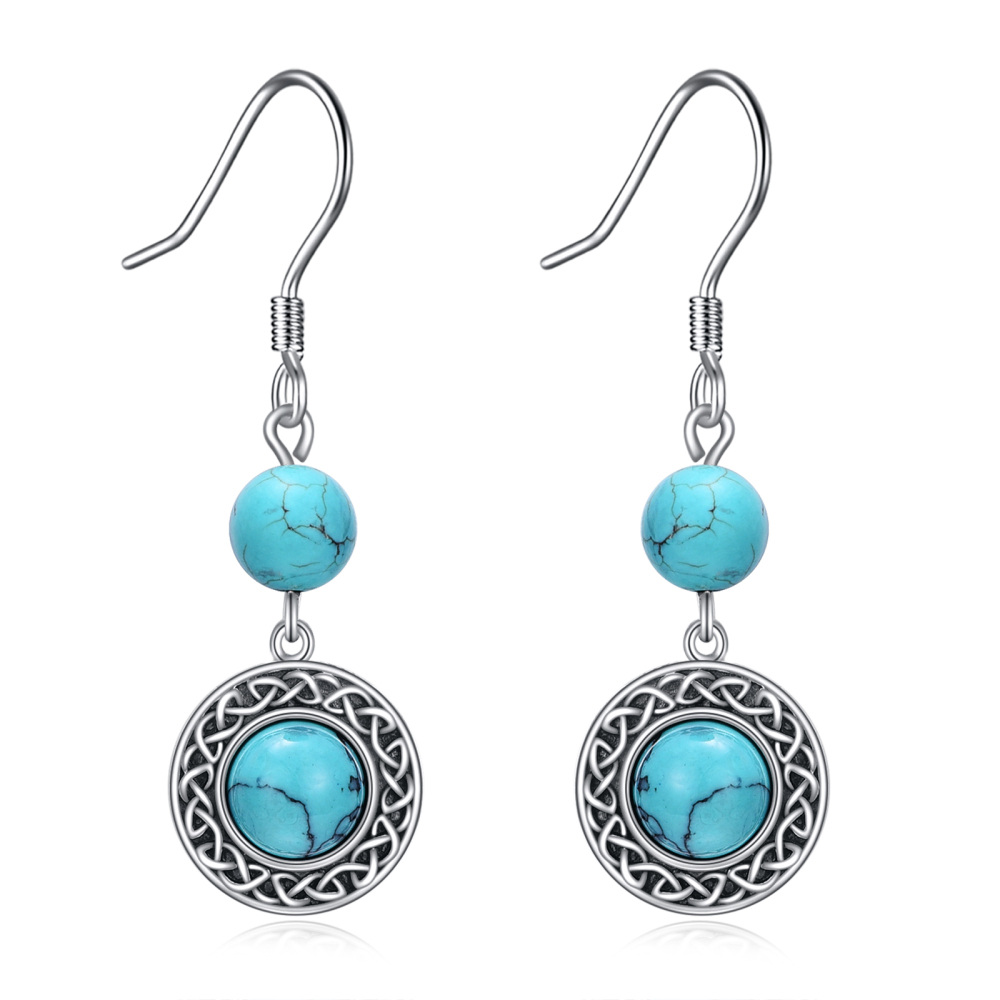 Sterling Silver Circular Turquoise Celtic Knot Drop Earrings for Women-1