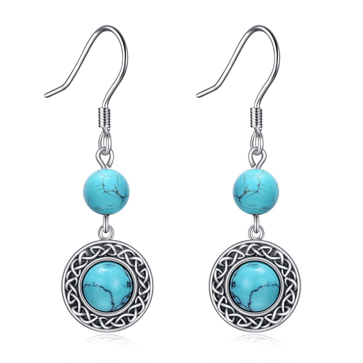 Boucles d'oreilles pendantes en argent sterling avec nœud celtique circulaire turquoise pour femmes-1