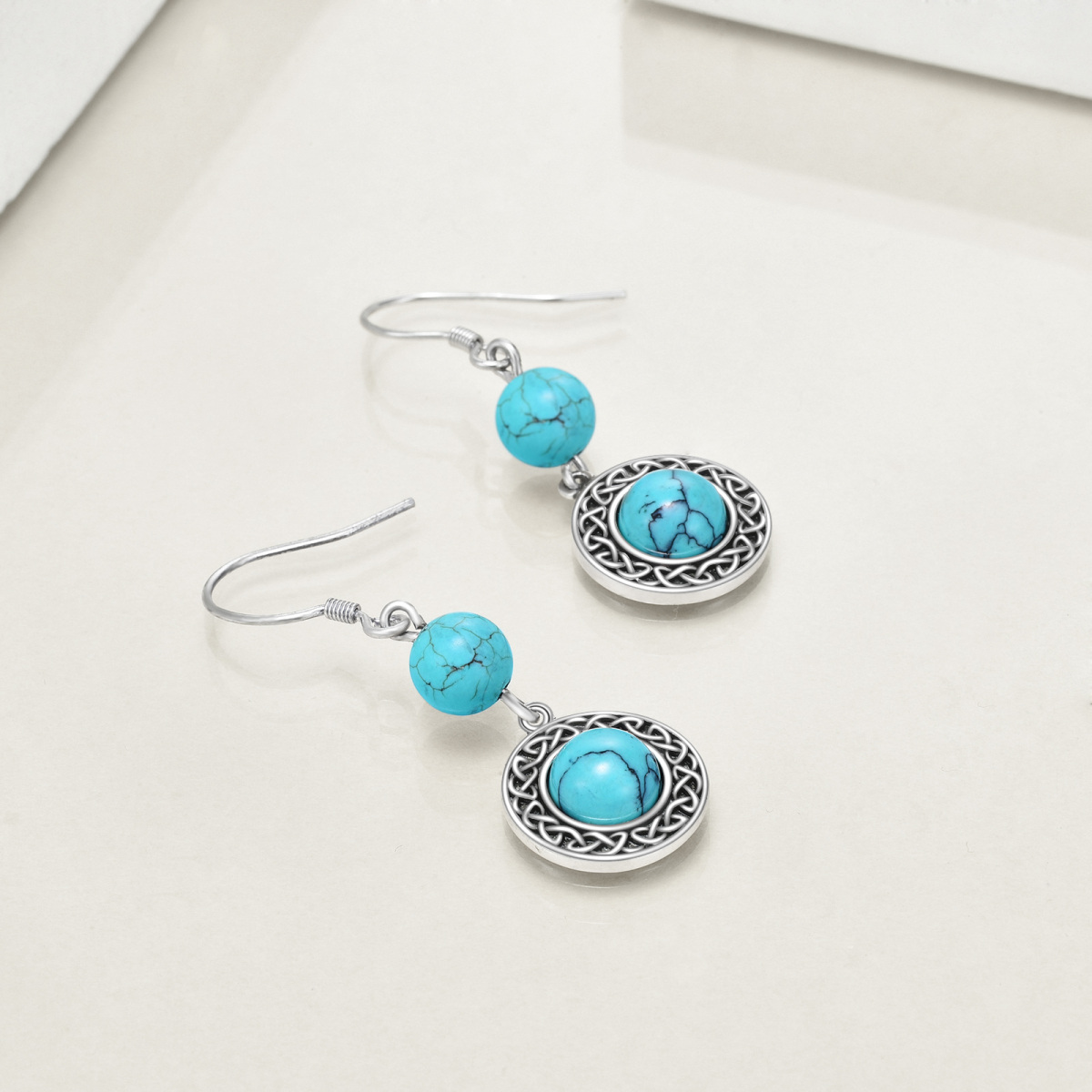 Boucles d'oreilles pendantes en argent sterling avec nœud celtique circulaire turquoise pour femmes-2