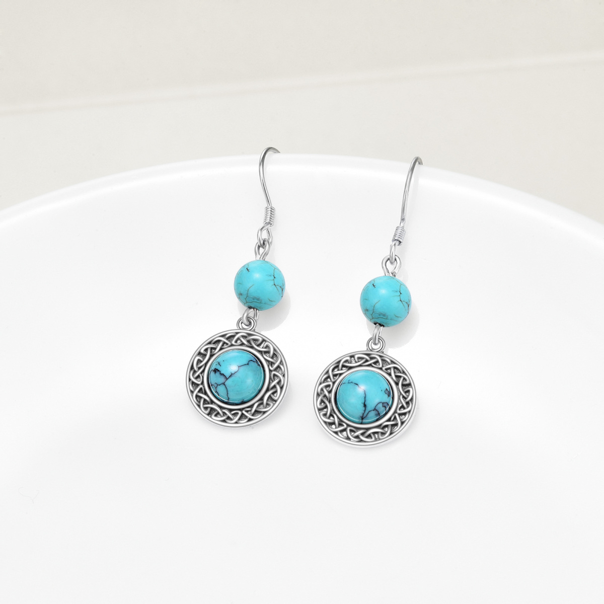 Boucles d'oreilles pendantes en argent sterling avec nœud celtique circulaire turquoise pour femmes-3