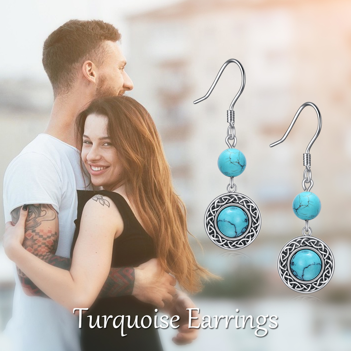 Boucles d'oreilles pendantes en argent sterling avec nœud celtique circulaire turquoise pour femmes-6