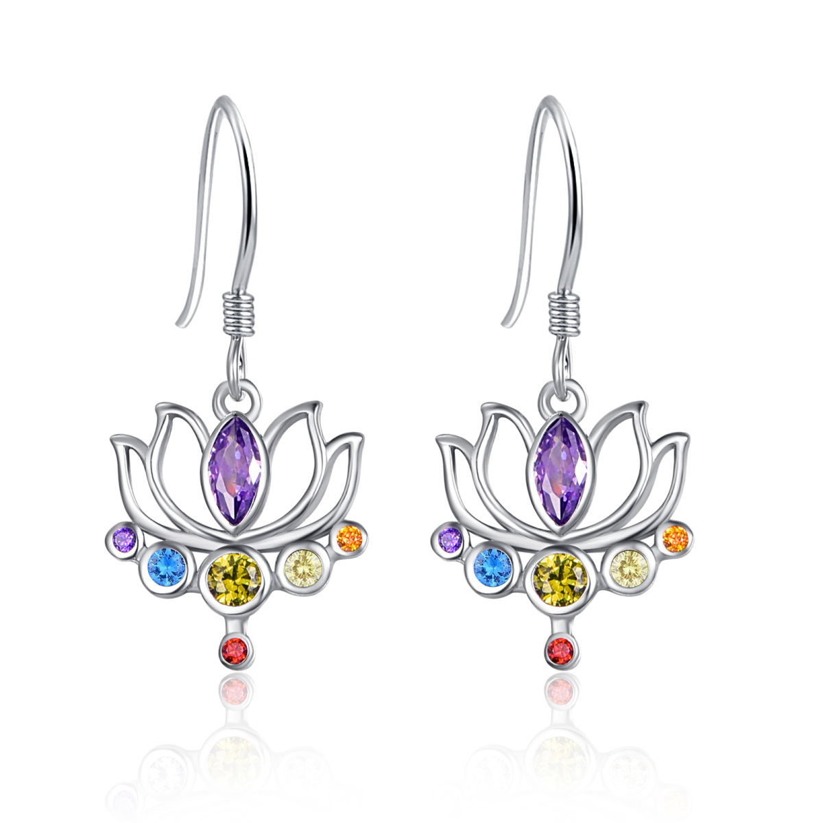 Sterling Silver Cubic Zirconia Lotus & Chakras Drop Earrings-1