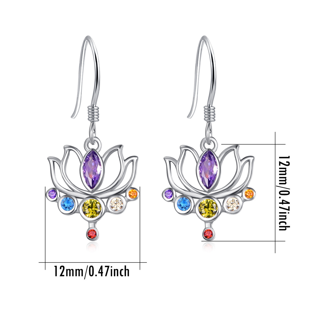 Sterling Silver Cubic Zirconia Lotus & Chakras Drop Earrings-5