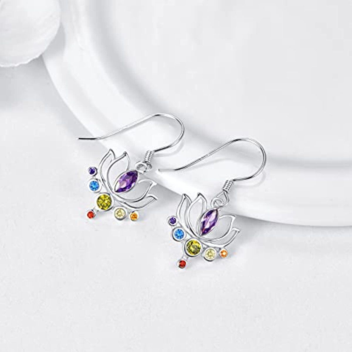 Sterling Silver Cubic Zirconia Lotus & Chakras Drop Earrings-4