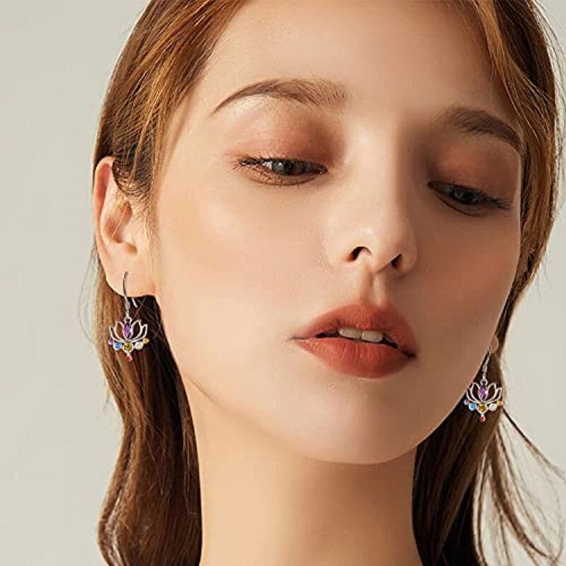 Boucles d'oreilles pendantes en argent sterling et zircone cubique avec chakras du lotus-3