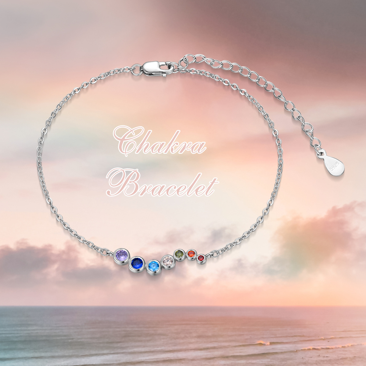 Pulsera de cadena de chakras con circonitas cúbicas en plata de ley-6