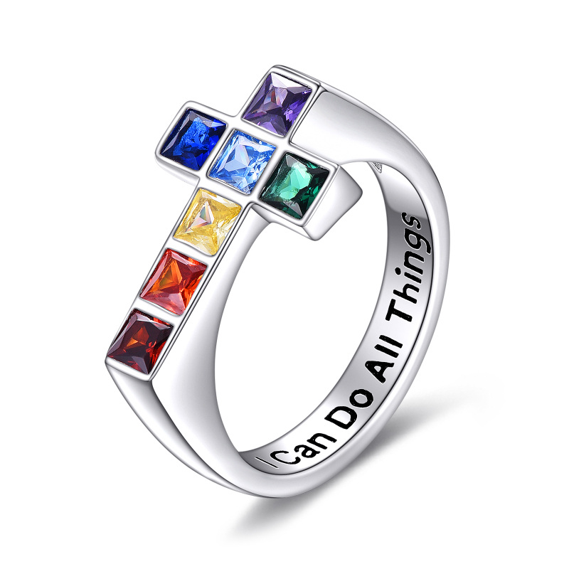 Sterling Silver Cubic Zirconia Chakras & Cross Ring with Engraved Word-3