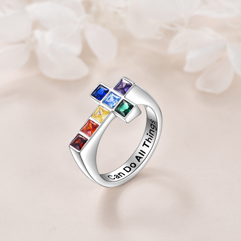 Sterling Silver Cubic Zirconia Chakras & Cross Ring with Engraved Word-3