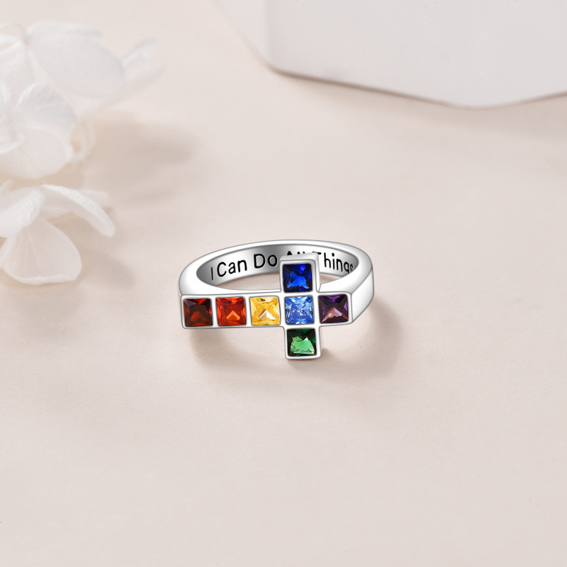 Sterling Silver Cubic Zirconia Chakras & Cross Ring with Engraved Word-4