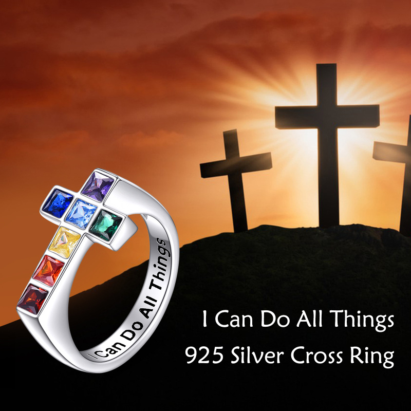 Sterling Silver Cubic Zirconia Chakras & Cross Ring with Engraved Word-5