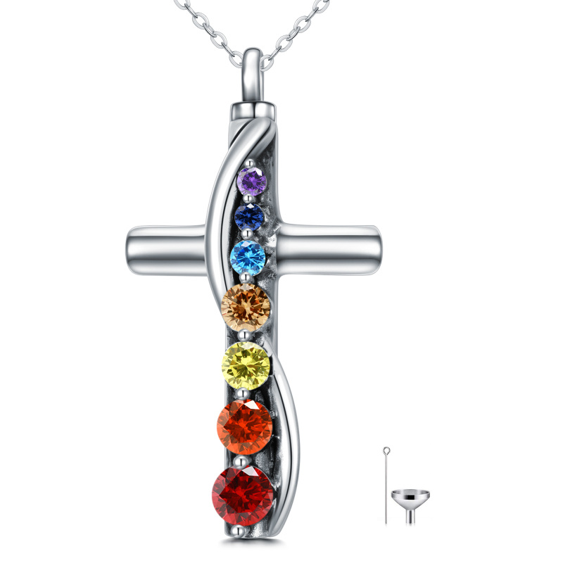 Sterling Silver Cubic Zirconia Chakras & Cross Urn Necklace for Ashes-11