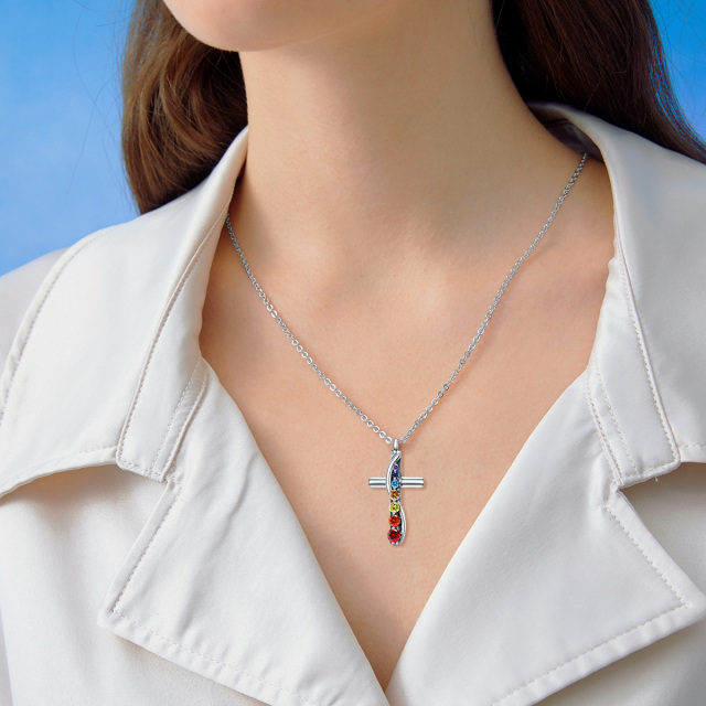 Sterling Silver Cubic Zirconia Chakras & Cross Urn Necklace for Ashes-2